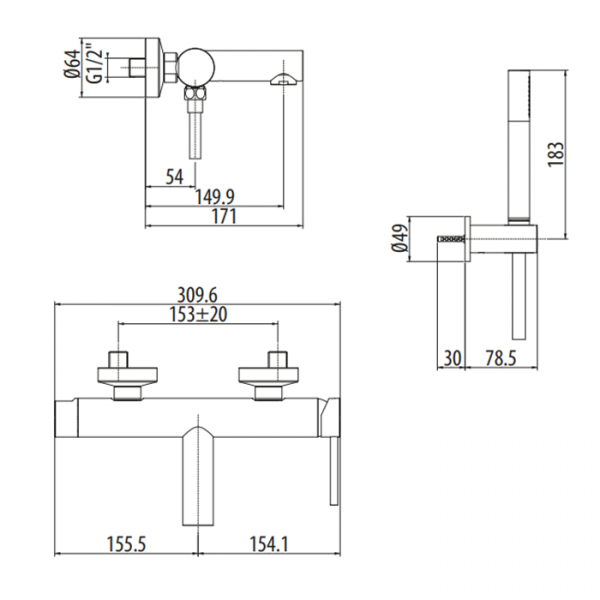 Gattoni Circle One Смеситель настенный для ванны, с ручной лейкой на держателе. цвет: черный матовый