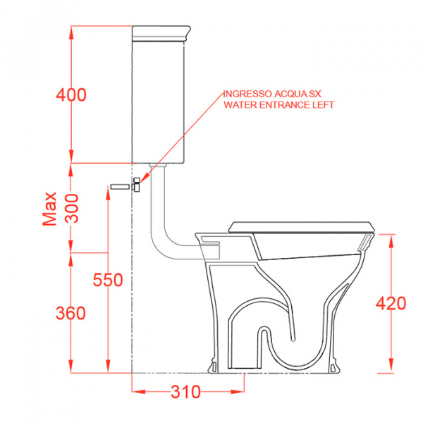 Artceram CIVITAS Унитаз 36х54см., со средним бачком и трубой хром, с механизмом с фронтальной ручкой, с сиденьем, микролифт, цвет: белый/хром