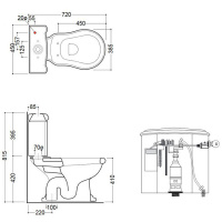 Kerasan Retro Унитаз моноблок 72х38.5см, слив в пол, ручка смыва справа, фурнитура цвета золото