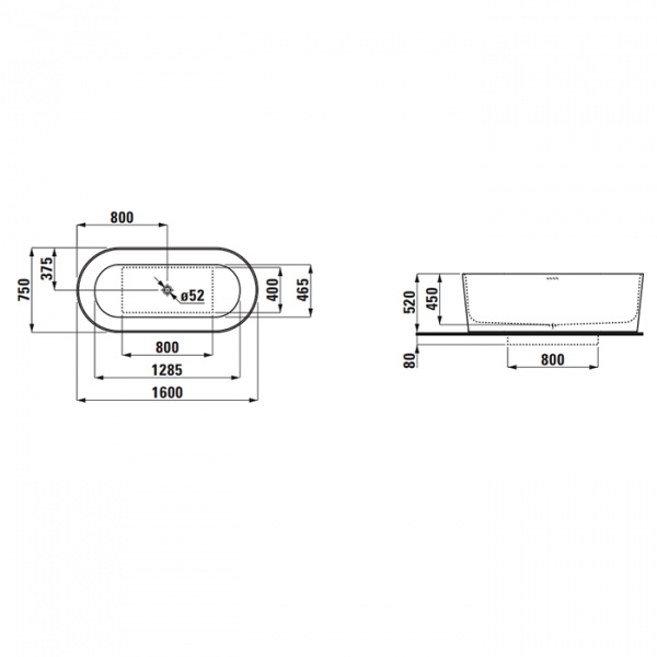Laufen VAL Ванна 160x75x45см, отдельностоящая, с слив-переливом, материал: композит