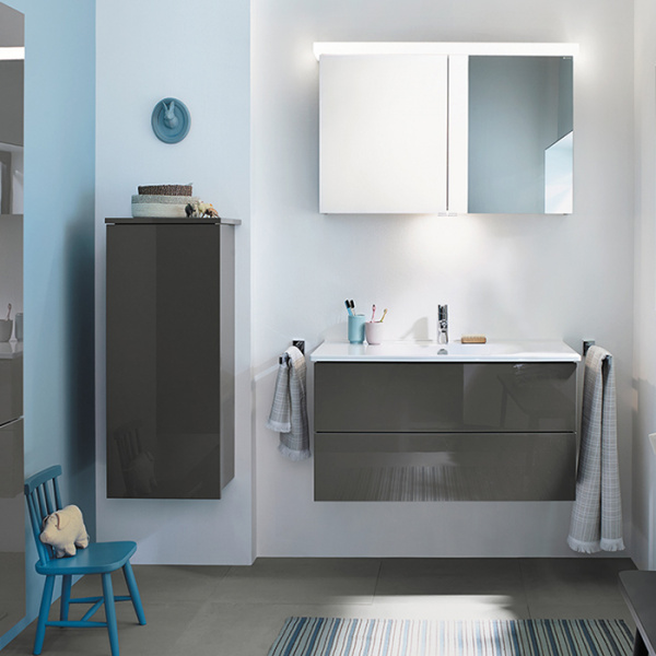 Burgbad Essento База подвесная с керам. умыв.93х49.5х51.5см. 2 выдв ящика, вкл сифон, с 1 отв для смес. цвет: серый высоглянц F1759,без ручек, с зеркальным шкафом