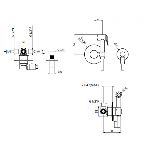Carimali Встраиваемый смеситель с гигиеническим душем, цвет: хром