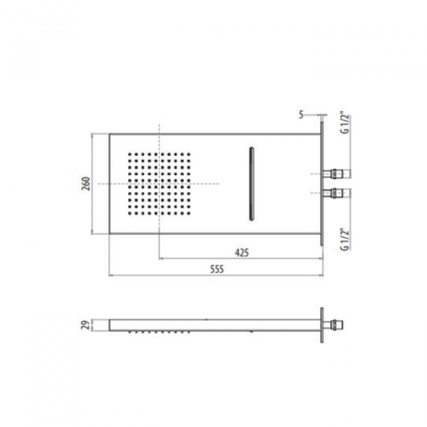 Gattoni PD Верхний душ настенный с 2-мя режимами: дождь и каскад, 260х555mm, присоединения 1/2"(без хромотерапии), цвет: хром