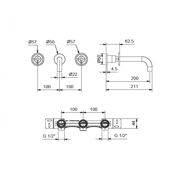 Fantini Fontane Bianche Смеситель для раковины, настенный, цвет: Matt Gun Metal PVD