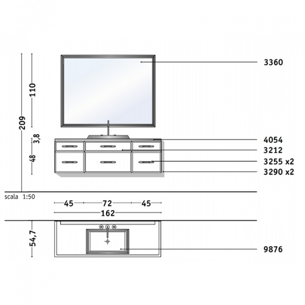 VITAGE milldue edition HILTON Комплект мебели с базой, раковиной DIAMOND, зеркалом DIAMOND, 162см, ручки хром Цвет: bianco-41, платина, сталь