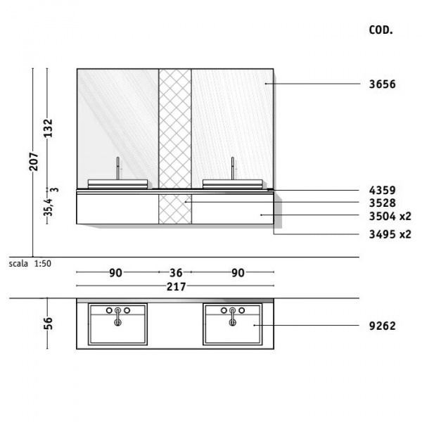 VITAGE milldue edition FOUR SEASONS Комплект мебели с тумбой под раковину, раковиной BOSTON65, зеркалом BRISTOL, 216 см, цвет: Ebano/Emperador