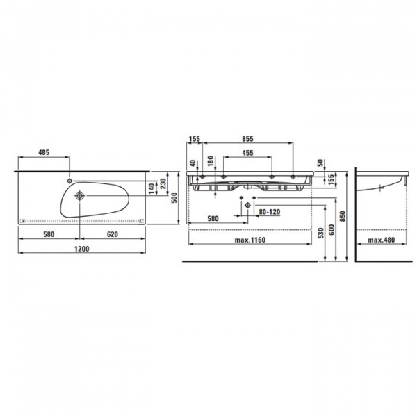 Laufen Palomba Раковина 120х50х4 см, 1 отв., полка слева, цвет: белый