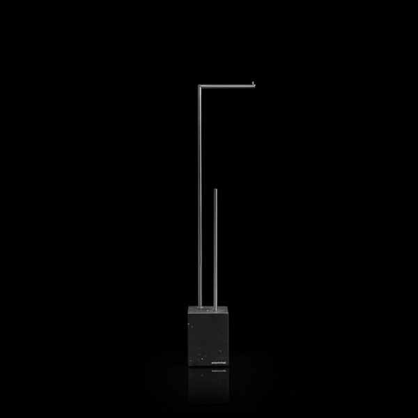 Antonio Lupi Biviocombi Стойка напольная 68.5см., с держателем туалетной бумаги, полотенце и ершиком, база из мрам Nero Marquinia satinato, цвет: Satin Steel