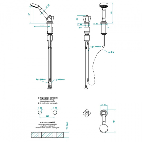 THG Pуtale de cristal clair Ручной душ на борт ванны, 2 отв., цвет: хром/прозрачный хрусталь