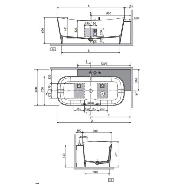 Novellini Ship Ванна угловая 175х86х62см., Dx, со смесителем, с донным клапаном click-clack, novotech