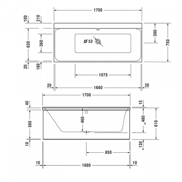 Duravit P3 Comforts Ванна  встраиваемая 170x75х46см, с наклоном для спины слева,  