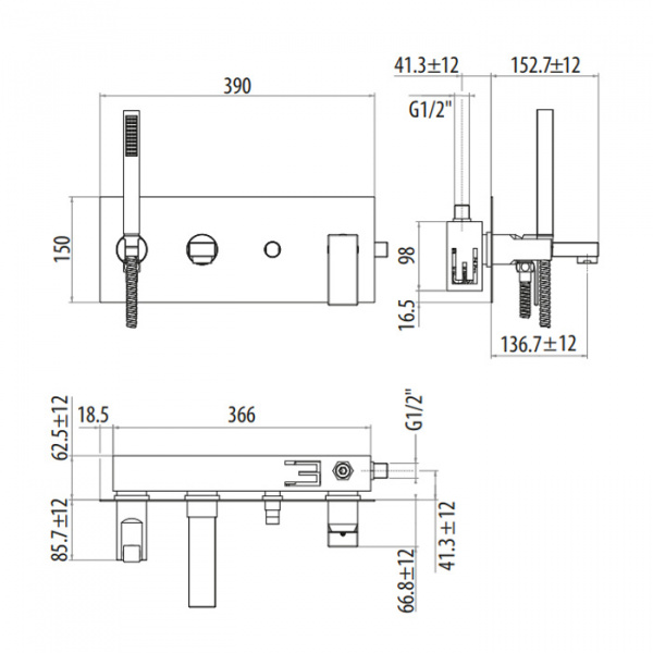 Gattoni Kubik Смеситель для ванны/душа, встраиваемый, с ручной лейкой, цвет:  Nero Opaco