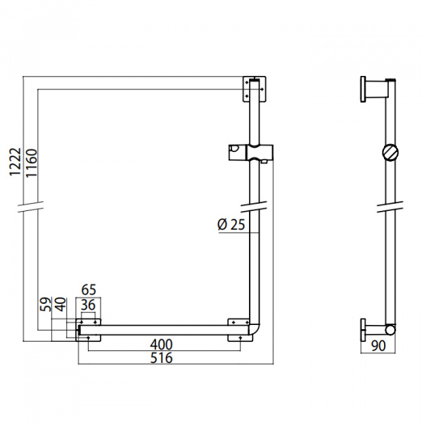 EMCO System2 Левый поручень для откидного сиденья, изогнутый угол 90°, подвесной, цвет: хром