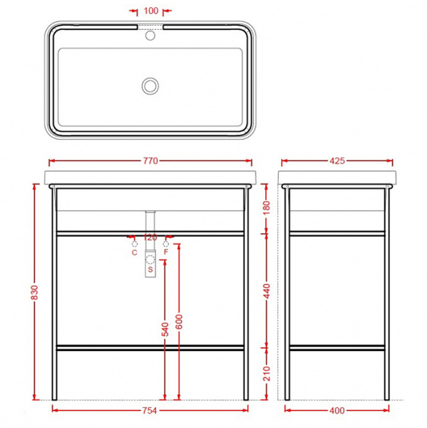 Artceram FUORI SCALA Металическая структура 40x77хh83см с раковиной на 1 отв, Fuori Scala rettangolare 80, цвет: белый матовый/черный матовый