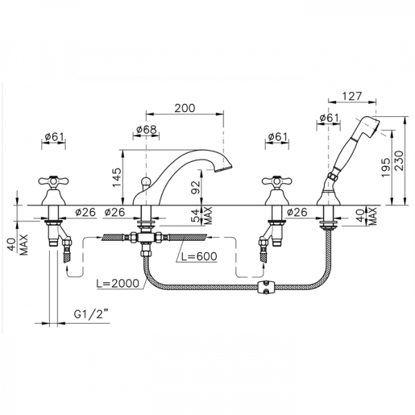 Nicolazzi Nuova Brenta Смеситель на борт ванны на 4 отверстия, с душевой лейкой, излив: 200мм, цвет: хром