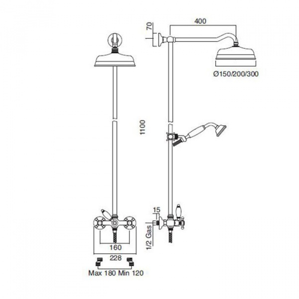 Sbordoni Londra Смеситель для душа настенный с ручн.душем, внешней трубкой, настенным держателем и верхним душем Ø200мм, цвет: черный никель