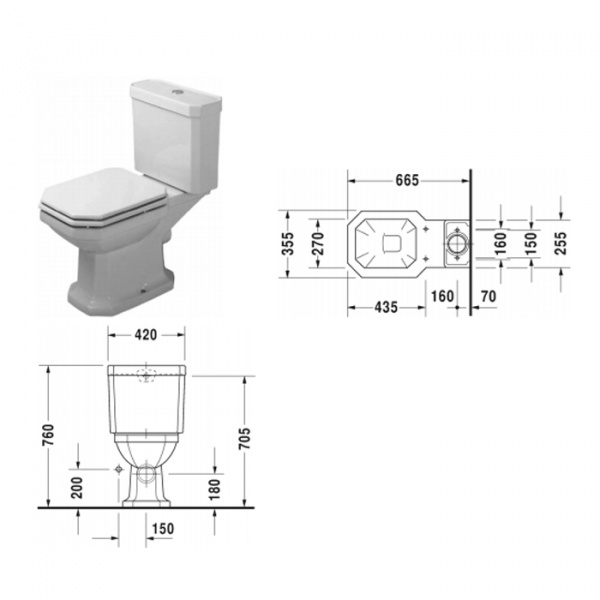 Duravit 1930 Унитаз моноблок с отдельным бачком (с механизмом слива хром), 66.5х35.5см, слив в стену, Цвет: Белый