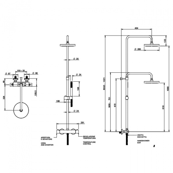 Bongio Colonne Doccia Душевая стойка с термостатическим смесителем, верхним душем Ø20 см, ручным душем и шлангом, цвет: Nero Opaco