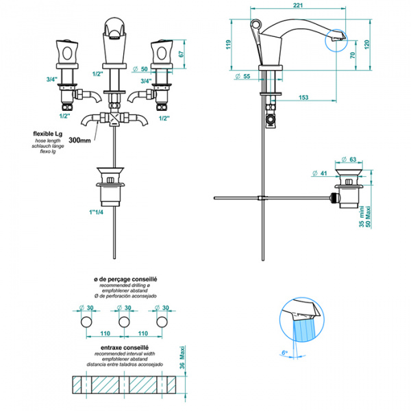 THG Bagatelle metal Смеситель для раковины, 3 отв., цвет: хром