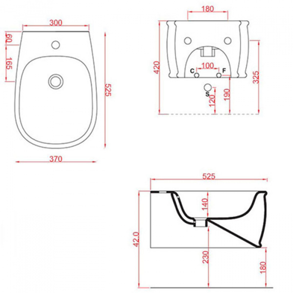 Artceram AZULEY  Биде подвесное 36х52см c креплением, с 1 отв под смеситель, цвет: черный