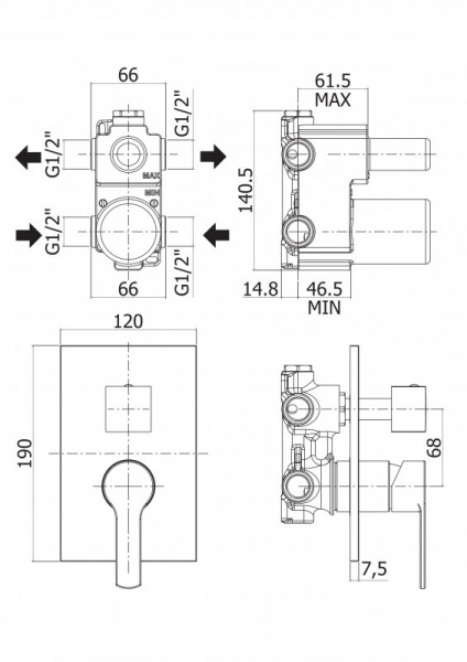 Встраиваемый смеситель для душа на 3 выхода CEZARES OVEST-DEV3