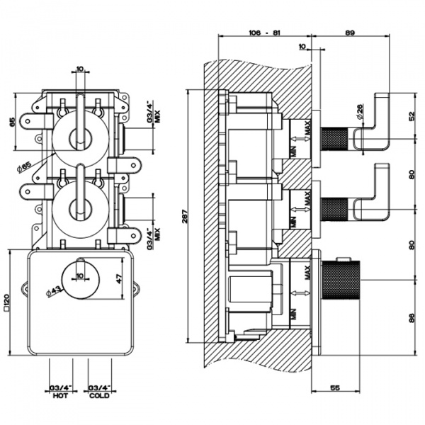Gessi Inciso Встраиваемый термостатический смеситель на 2 источника, резьба 3/4", внешняя часть, цвет: nero XL