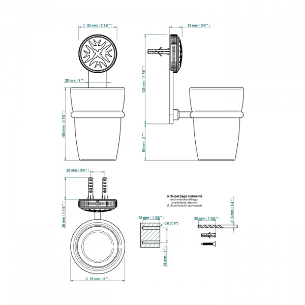 THG Hirondelles Platinum Stamped Стакан подвесной, стеклянный, цвет: Polished nickel