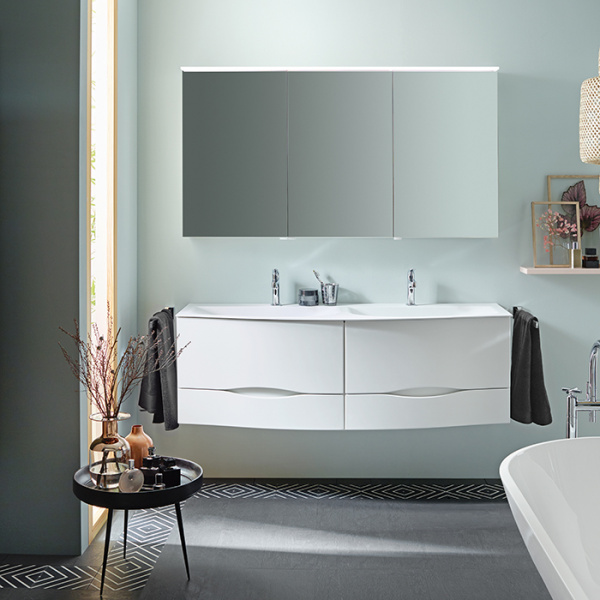 BURGBAD Sinea 2.0  Комплект подвесной мебели  151 см, база с 4 ящиками, двойная раковина из минерального литья цвет: белый с зеркальным шкафом с подсветкой, цвет: белый глянцевый