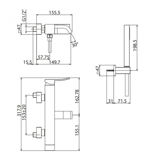 Gattoni ELY Смеситель для ванны настенный с ручным душем на держателе, излив 92 мм, цвет: хром
