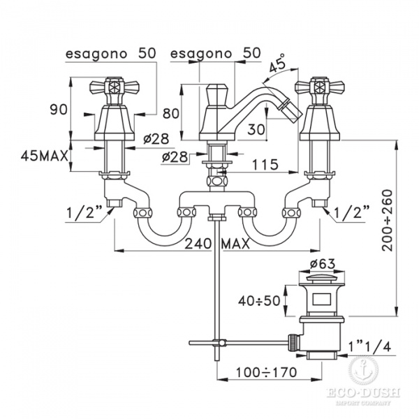 Stella Eccelsa Смеситель для биде на 3 отверстия 3601, с донным клапаном, цвет: золото