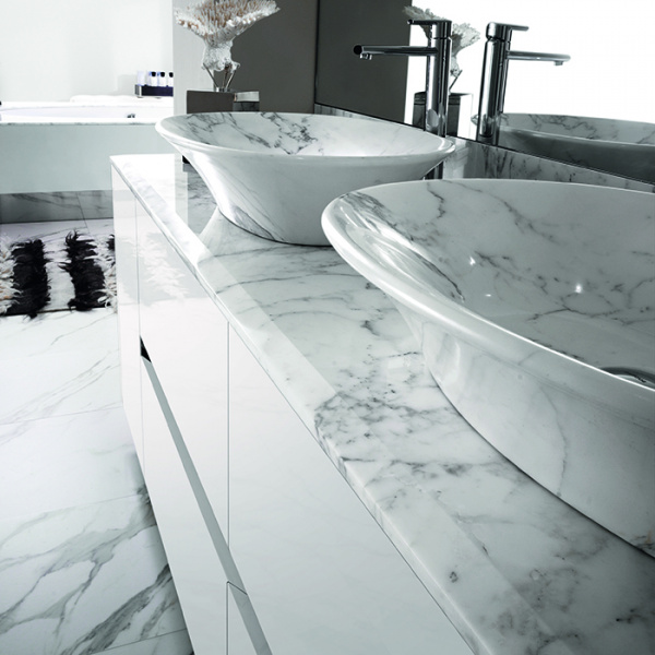 VITAGE milldue edition FOUR SEASONS Комплект мебели с тумбой под раковину, раковиной LIONE, зеркалом QUEBEC, 216 см, цвет: глянцевый Bianco/Calacatta vagli