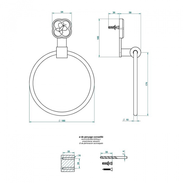 THG CAPUCINE VERT DECOR PLATINE Полотенцедержатель-кольцо 18см., декор зеленый, цвет: хром