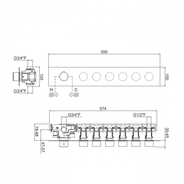 Carimali ilTondo Смеситель термостатический, встраиваемый, на 6 выходов, цвет: хром