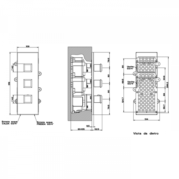Gessi Eleganza Встраиваемый термостатический смеситель, подключение на 3/4”, с 2мя независимыми выходами, внешняя часть, цвет: хром