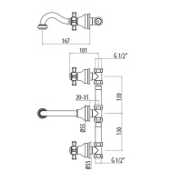 Gattoni London Смеситель для раковины встраиваемый в стену для на 3 отверстия, излив 167мм, цвет: бронза