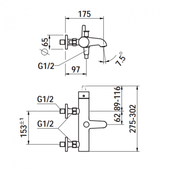 Laufen VAL Смеситель для ванны настенный, на 2 отв, с ручным душем, излив 175мм, цвет: хром