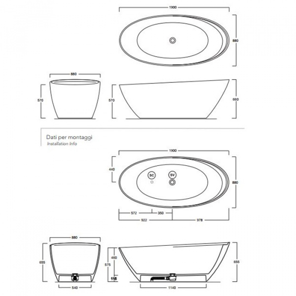 Simas Bohemien Ванна отдельностоящая, из Crystal Tech 190*88*66 см со сливной арматурой