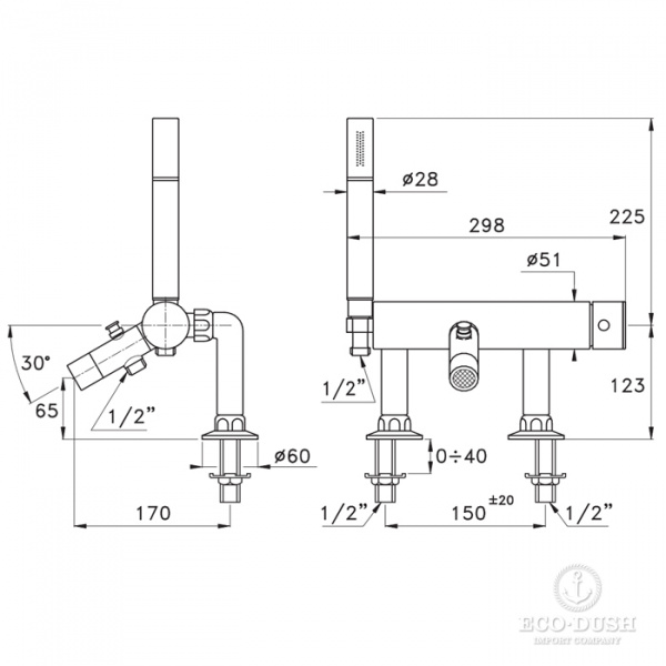Stella Bamboo Смеситель на борт ванны на 2 отверстия 3267RG306 с ручным душем, цвет: хром
