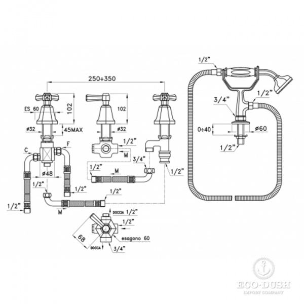 Stella Eccelsa Смеситель на борт ванны на 4 отверстия 3256TR2TC/307, без излива, цвет: золото