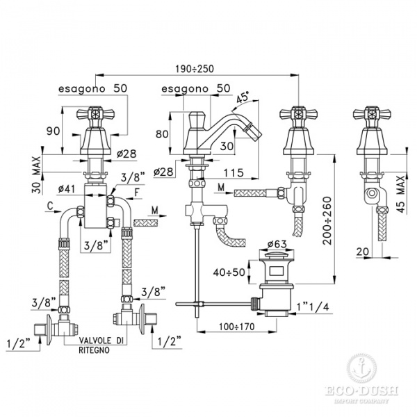 Stella Eccelsa Смеситель для биде на 3 отверстия 3601TC, с донным клапаном, цвет: хром