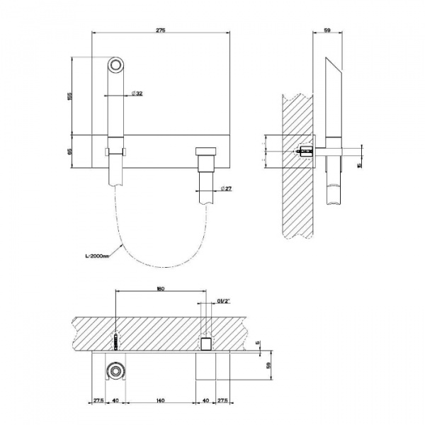 Gessi Water Tube Kneip Душевой комплект, состоящий из вывода воды, держателя, шланга 2м и лейки, цвет: хром