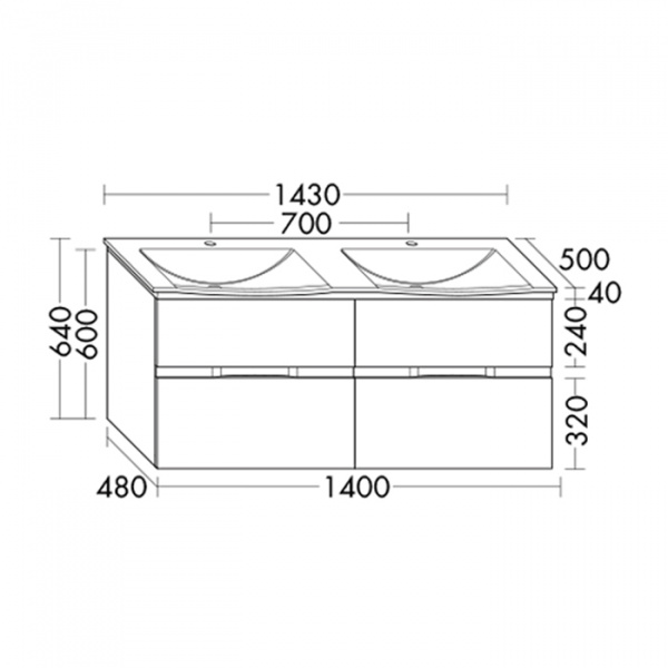 BURGBAD Orell База подвесная с 2-м умыв.из мин. литья 143х50х64см.4 выдв ящ., вкл сифон,1 отв под смес., цвет: белый матовый F1697, ручка G0138 с зеркальным шкафом