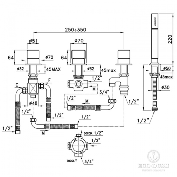 Stella Bamboo Смеситель на борт ванны на 4 отверстия 3256TR2TC/308, без излива, цвет: хром