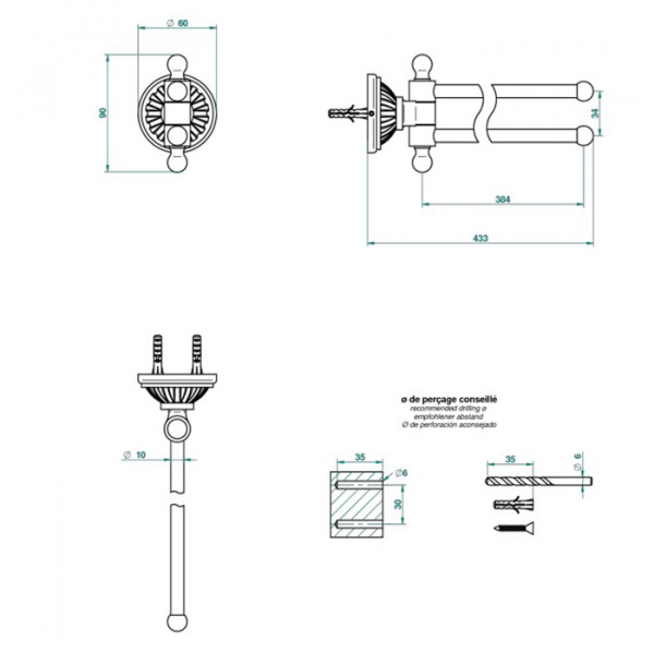 THG Malmaison Portoro Полотенцедержатель двойной 43.3см., поворотный, подвесной, цвет: хром/золото