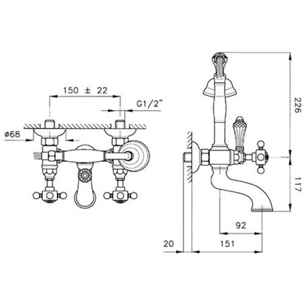 Nicolazzi Dames Anglaises Смеситель для ванны на 2 отверстия, с переключателем ванна/душ, вывод сверху 3/4" (для душ. стойки), цвет: тёмная бронза