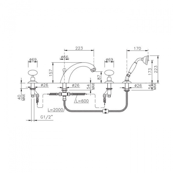 Nicolazzi Cristallo Di Rocca Смеситель на борт ванны, 4 отв., излив: 223 мм, с ручным душем, цвет: хром