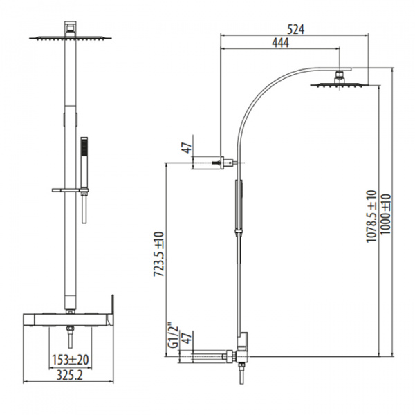 Gattoni ELY Смеситель для душа с колонной, верхний душ 250х250 мм, с ручным душем, цвет: хром