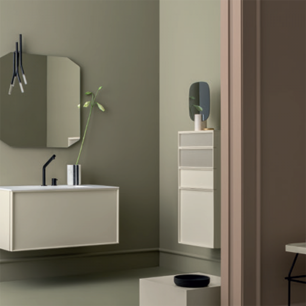 Cerasa Des Комплект подвесной мебели 105 см, цвет RAL 1013 Bianco opaco с фасадной частью цвет  Bianco Opaco, с интегрированной раковиной , акриловой столешницей белой матовой,зеркалом и светильником черным матовым