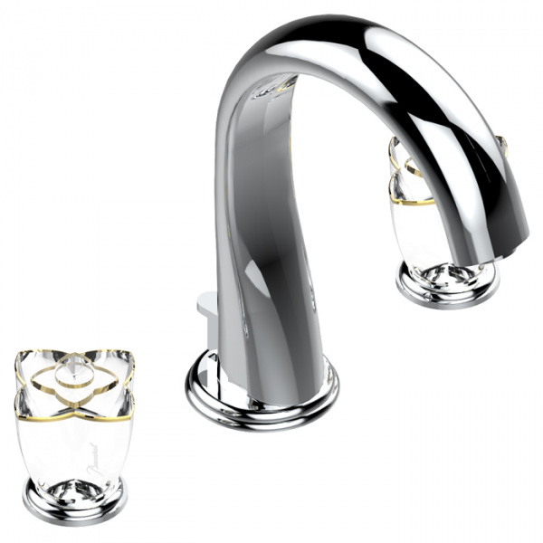 THG Petale de Cristal clair lisere dore Смеситель для раковины, 3 отв., цвет: хром/прозрачный хрусталь с золотым декором