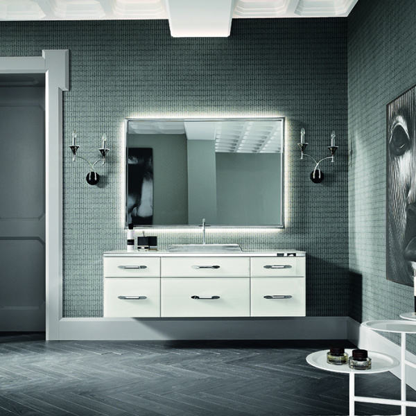 VITAGE milldue edition HILTON Комплект мебели с базой, раковиной DIAMOND, зеркалом DIAMOND, 162см, ручки хром Цвет: bianco-41, платина, сталь